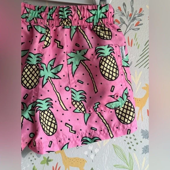 2T Boys Maamgic Hot Pink Pineapple and Palm Tree Fashion Swim Trunks - Picture 2 of 6